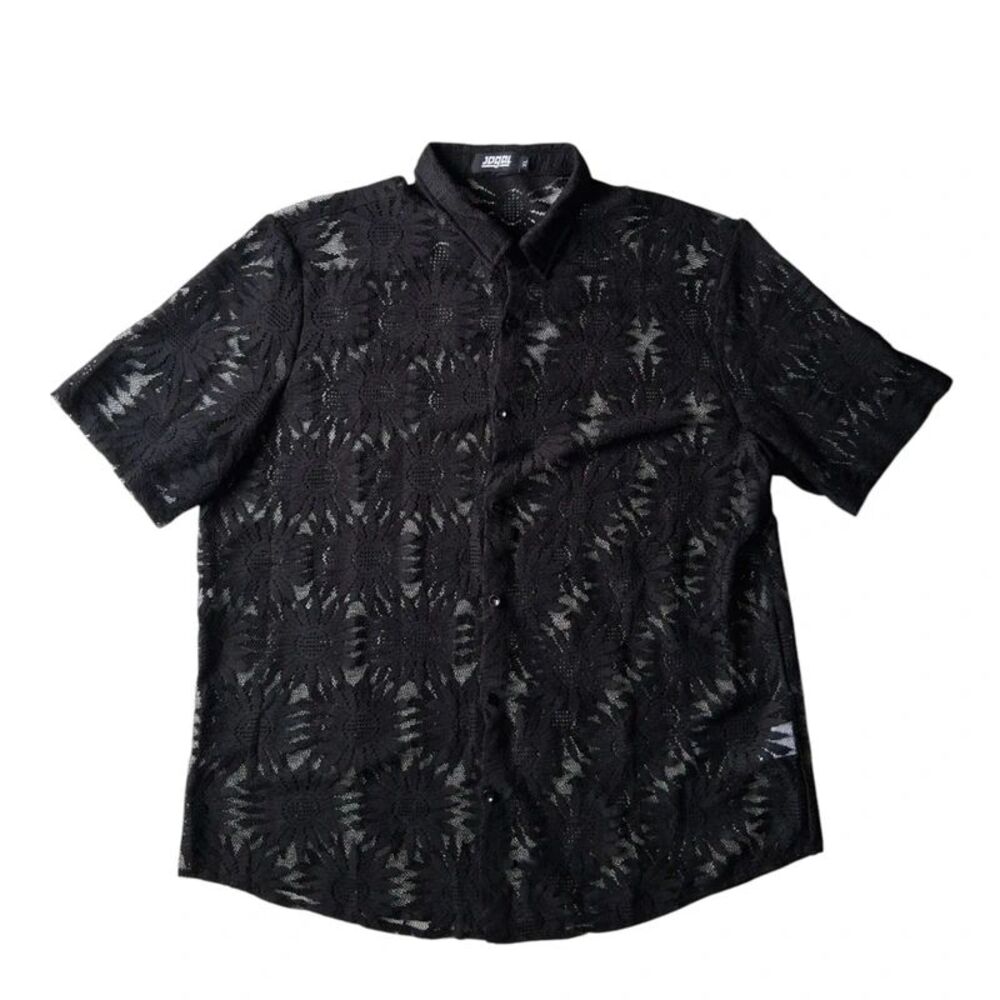 Jogal Black Mesh Sheer Floral Print Short Sleeve Button Up Shirt Men's Size XL